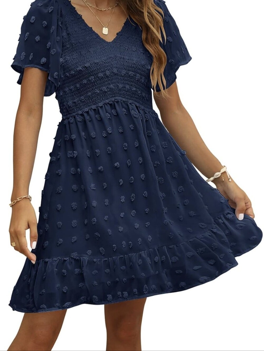 Tecrew Brand Navy Textured V-Neck Short Sleeve Dress